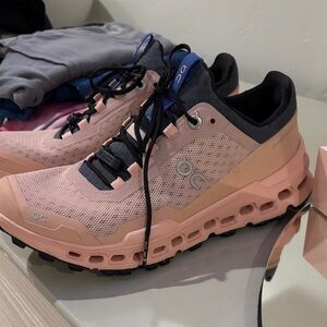 On Running Peach and Black Athletic Shoes